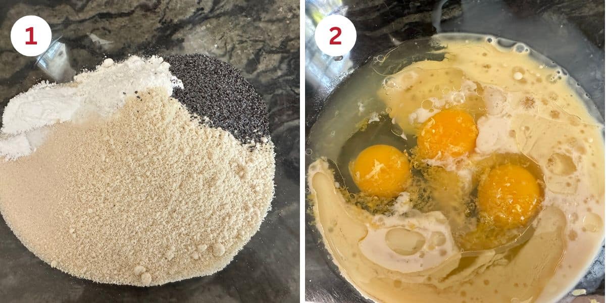 Photos showing the wet and dry ingredients in separate bowls.