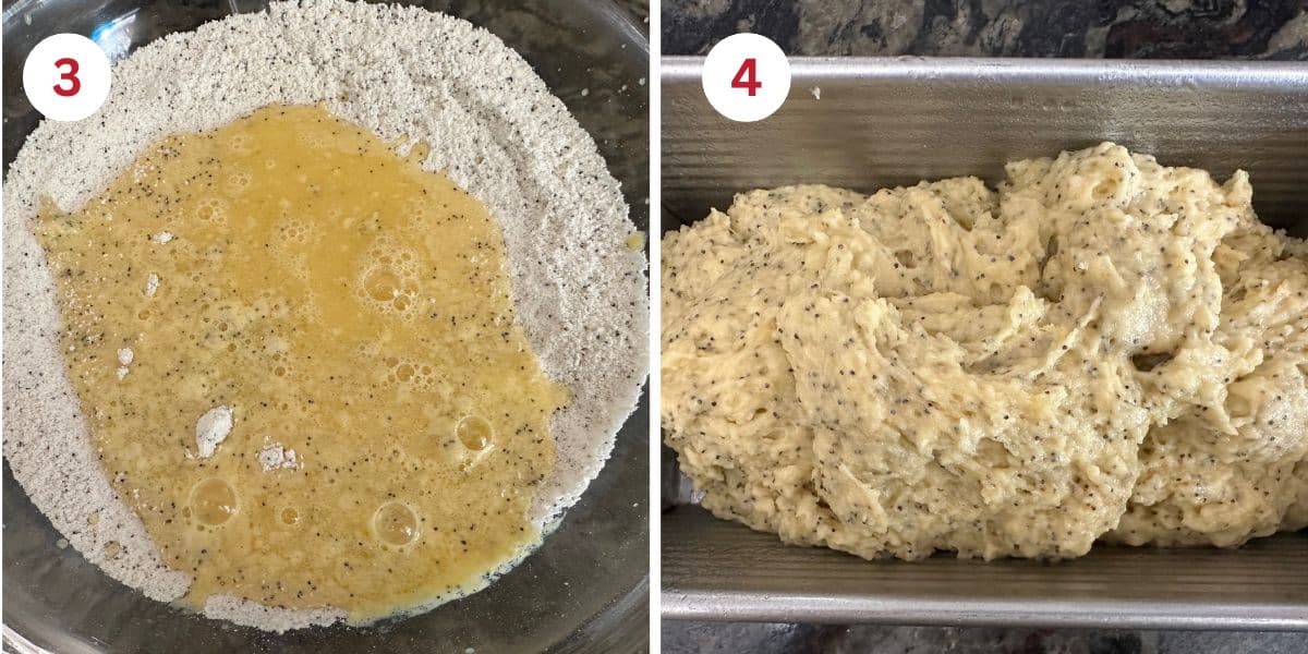 Photos showing mixing the wet and dry ingredients and the batter consistency.