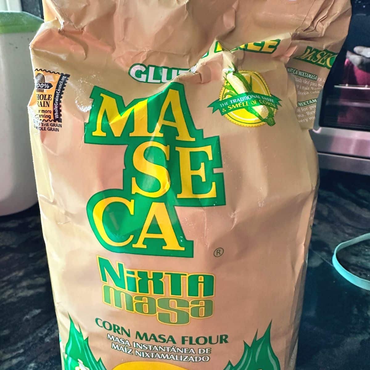 A large bag of gluten free masa flour.