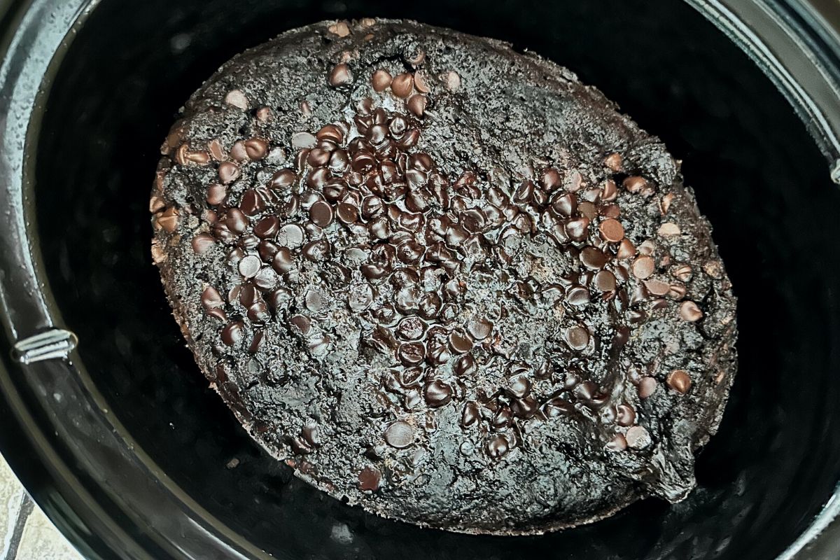 A cooked gluten free chocolate lava cake in the Crock Pot.