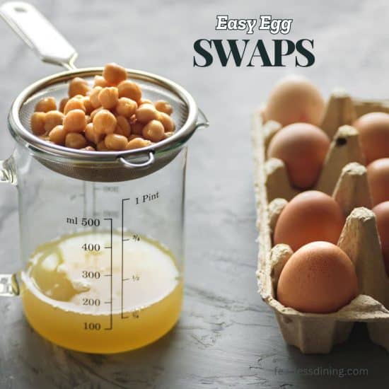 A photo of eggs next to aqafaba egg replacer.