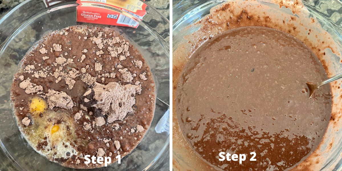 Photos of steps 1 and 2 making the cake batter.