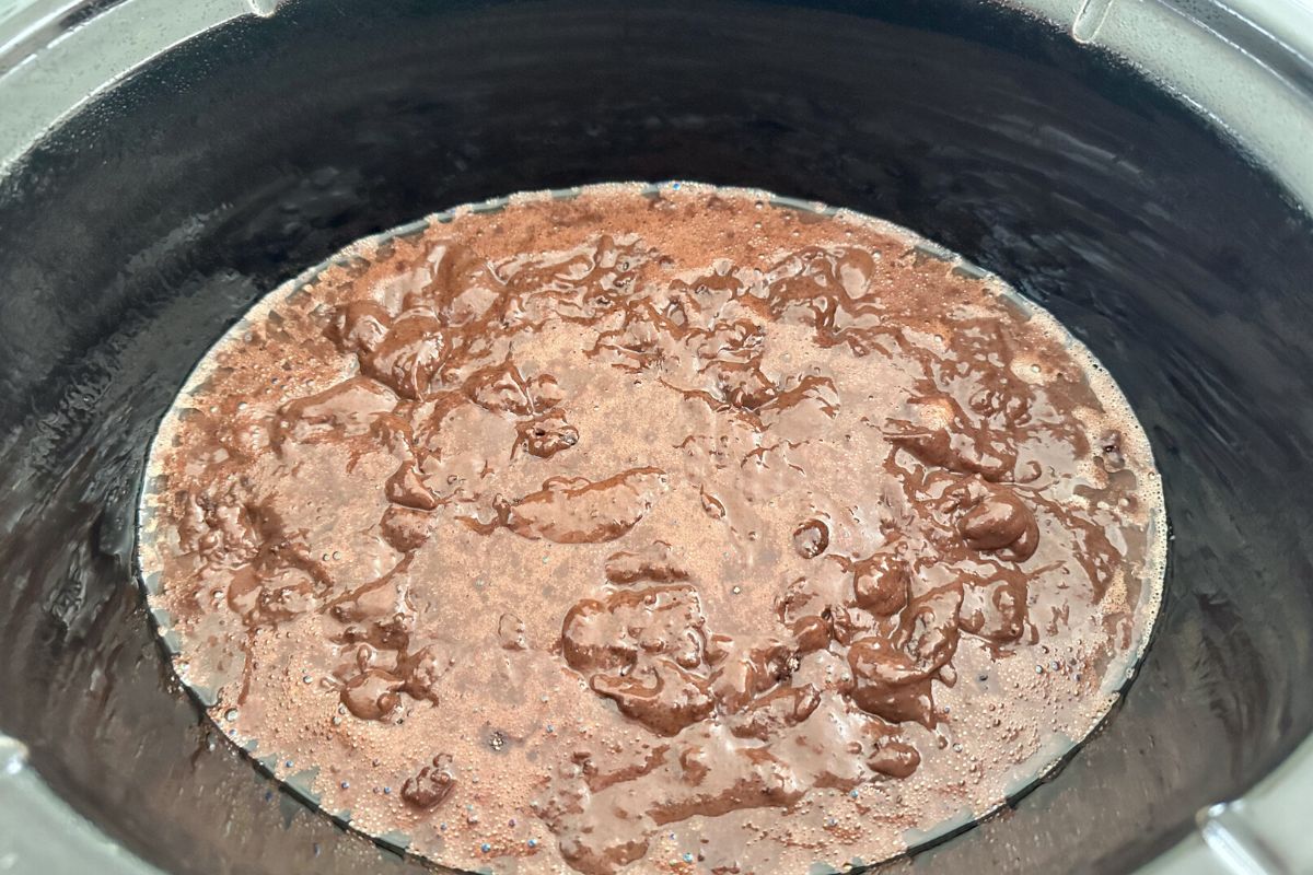 The lava cake batter and pudding in the slow cooker.