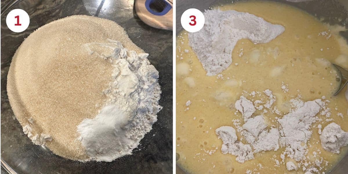 Photos of the dry ingredients in a bowl and mixing the wet ingredients into the dry ingredients.