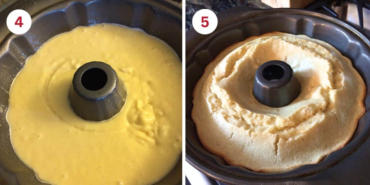 Photos showing the batter in the bundt cake and the baked cake in the pan.
