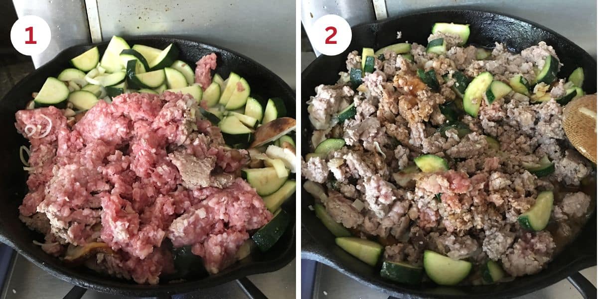 Ground pork and vegetables cooking in a cast iron skillet.