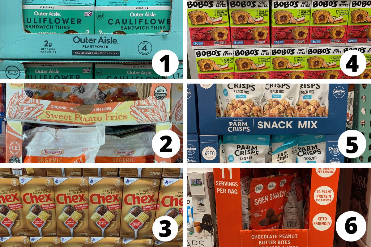 A grid of photos of six new gluten free finds at Costco.