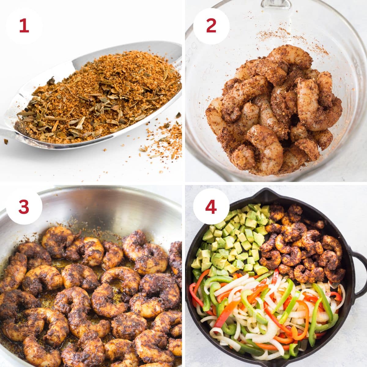 Photos showing you the steps to making the spice mix, flavoring the shrimp, and cooking this recipe.