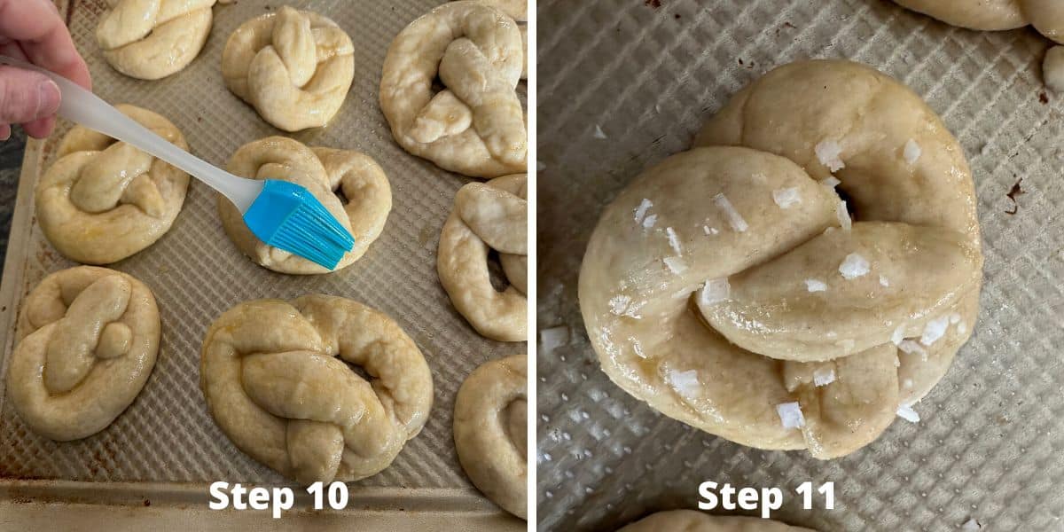 Photos of adding the egg wash and salt to the pretzel dough.