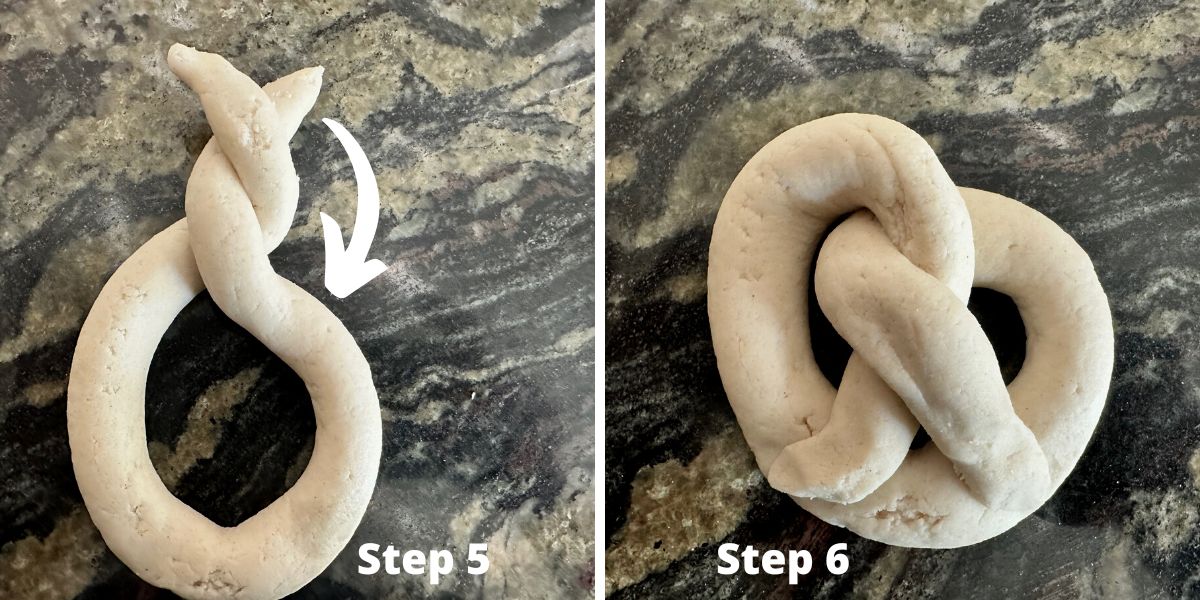 Photos showing how to shape the pretzel dough.