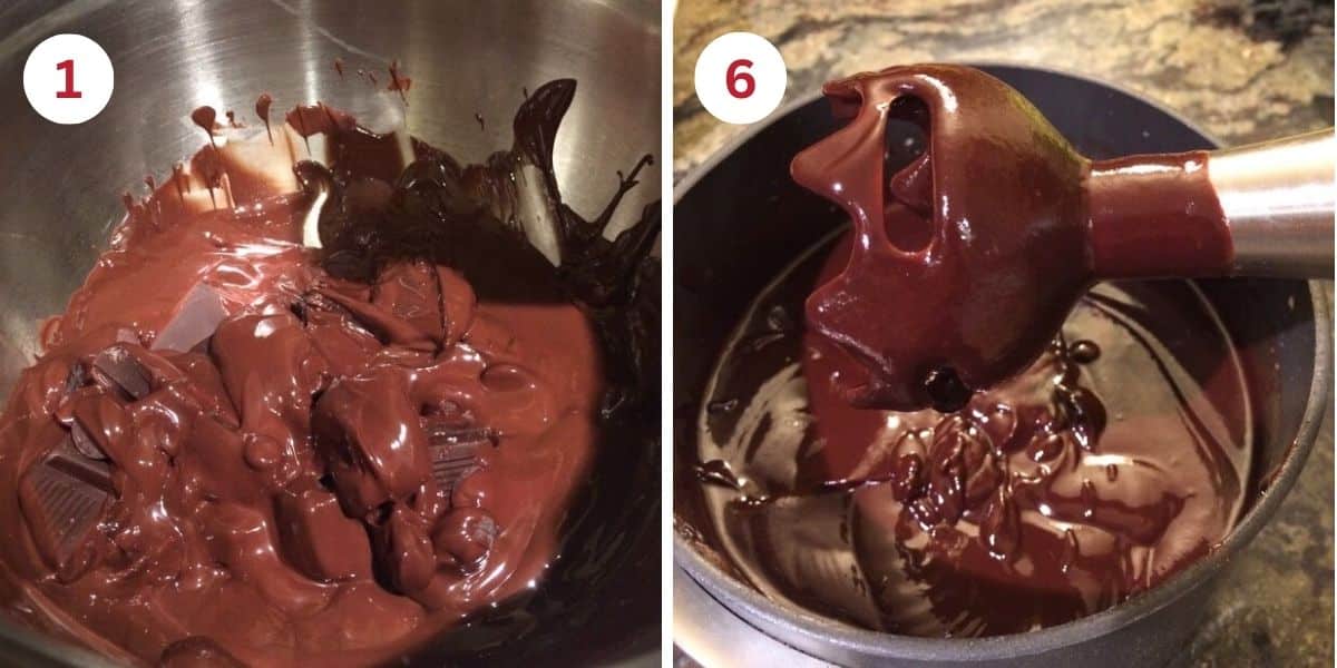 Melting the chocolate and blending it with an immersion blender.