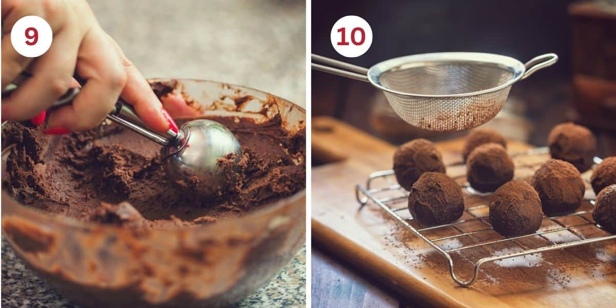 Scooping chocolate out of the bowl and dusting the truffles with cocoa powder.