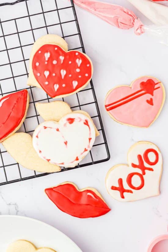 Decorated heart shaped gluten free sugar cut out cookies for Valentine's Day.