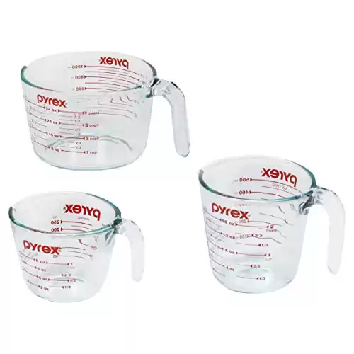 Pyrex 3 Piece Glass Measuring Cup Set, Includes 1-Cup, 2-Cup, and 4-Cup Tempered Glass Liquid Measuring Cups