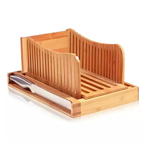 Luxury Bamboo Bread Slicer with Knife - 3 Slice Thickness, Foldable Compact