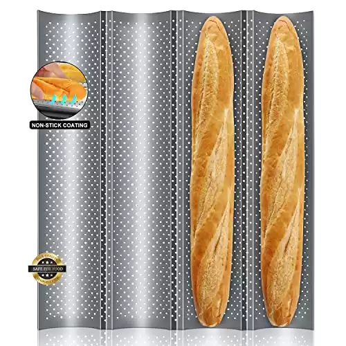 Walfos French Bread Baking Pan, Non-stick Perforated French Baguette Bread Pan, 4 Wave Loaves