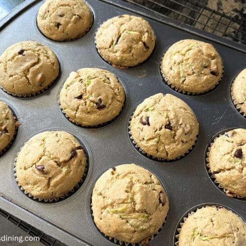 Baked muffins in the pan on the kitchen counter.
