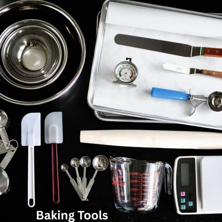 A bunch of baking tools on a counter.