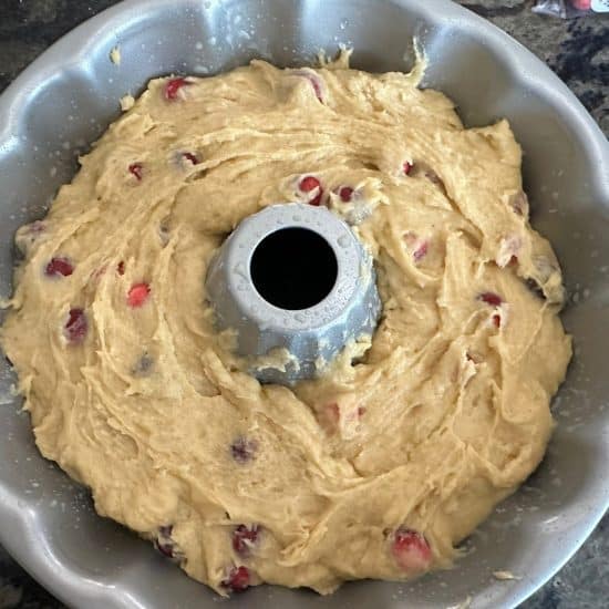 Gluten-free cake batter in a bundt cake pan.