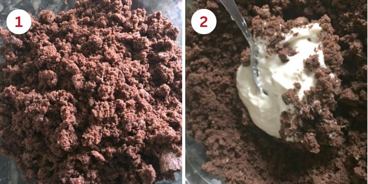 Photos of the crumbled cake and with frosting added.