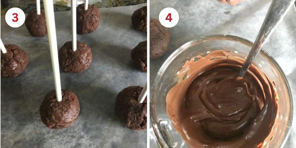 Photos of the cake balls with sticks and the melted chocolate.
