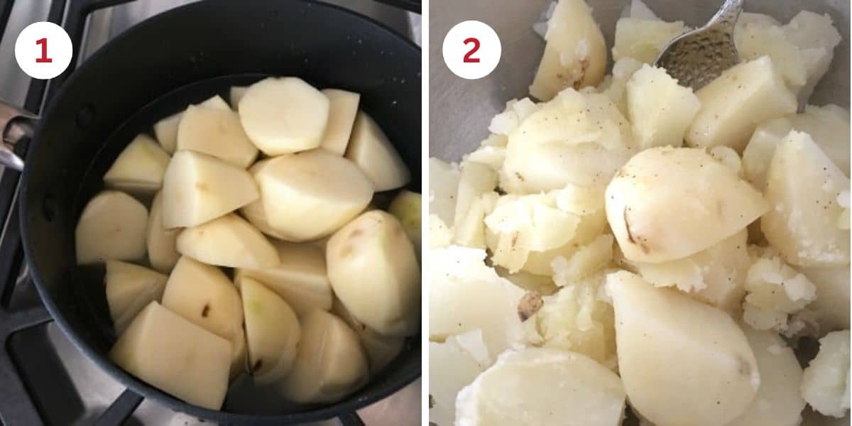 Photos of the peeled potatoes in the pot before and after boiling.