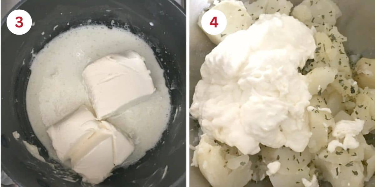Photos heating the garlic, heavy cream, and cream cheese in a small pot and adding it to the mashed potatoes.