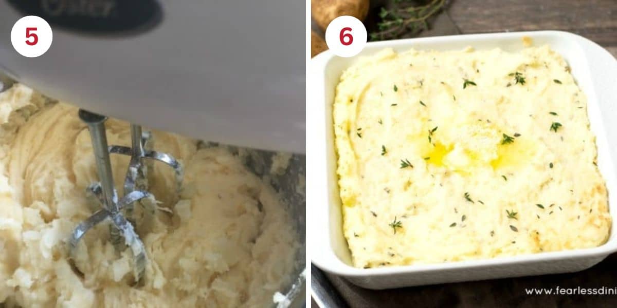 Photos showing the electric mixer whipping the potatoes and the baked finished potatoes in the casserole dish.