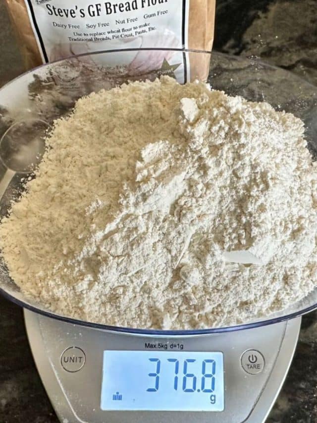An image of gluten free flour on a digital scale.