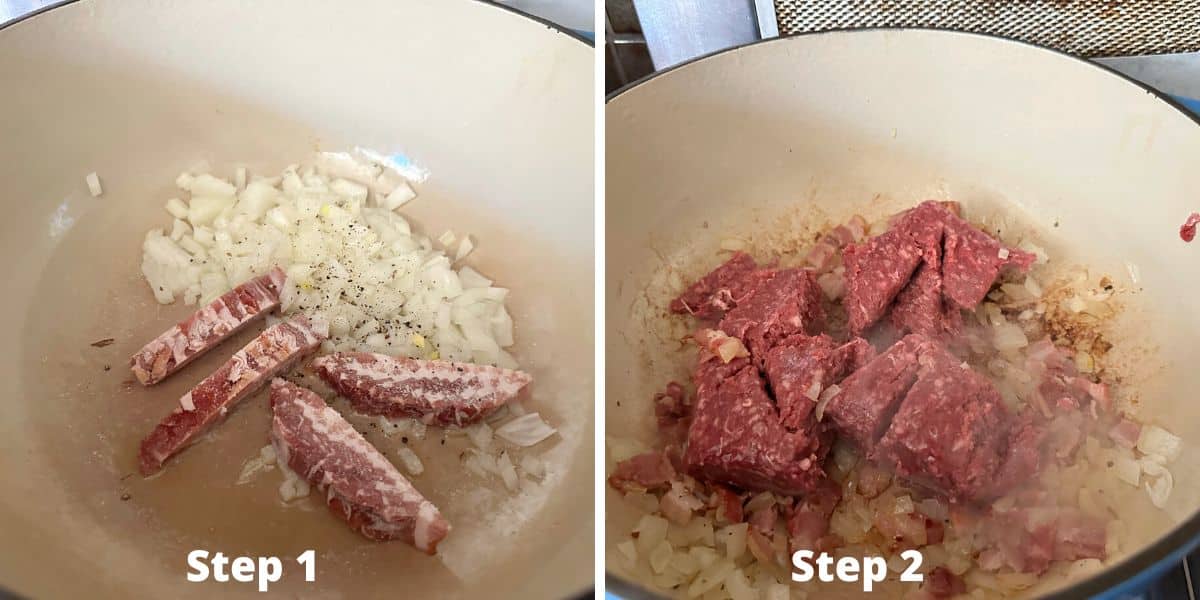 Photos of steps 1 and 2 making hamburger helper.