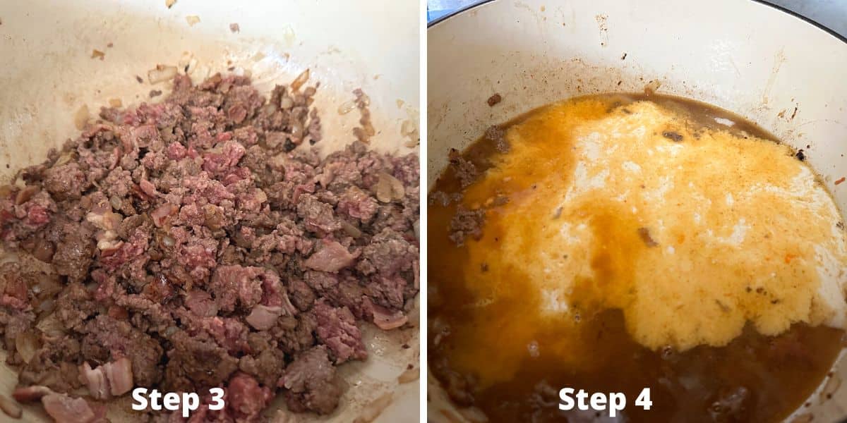 Photos of steps 3 and 4 making hamburger helper.