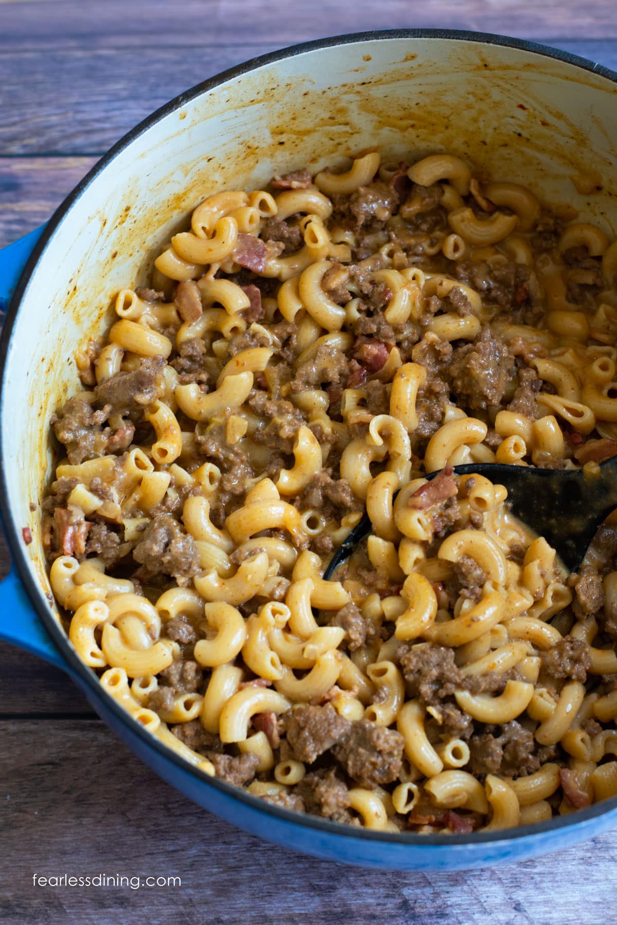 Cooked gluten free hamburger helper in a Dutch oven.