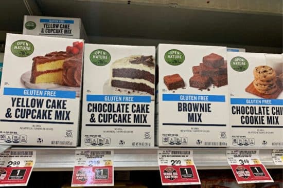 Open Nature cake mix boxes on the grocery store shelf.