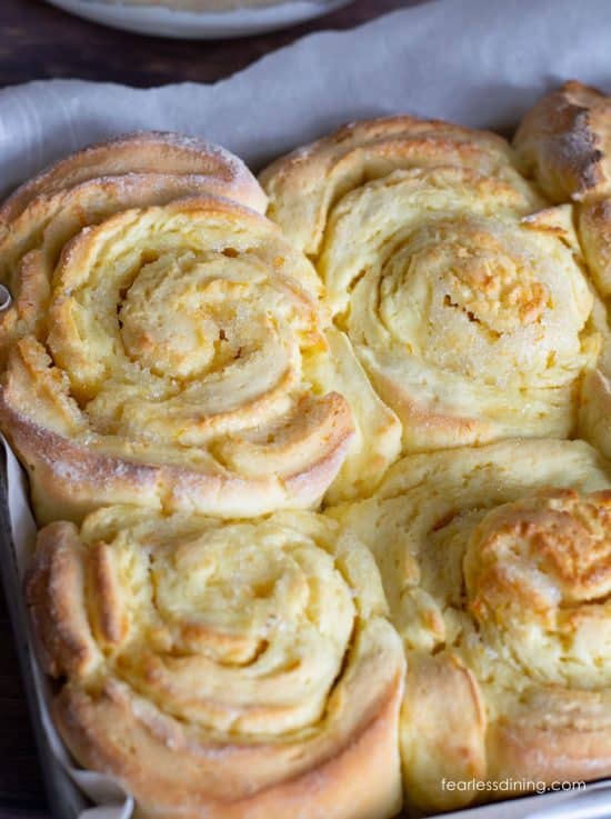 Gluten free orange rolls rolled like cinnamon rolls.