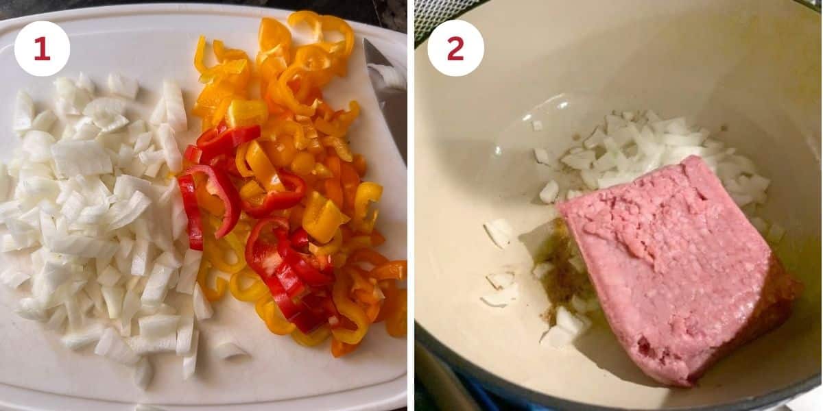 Photos of the chopped onion and pepper on a cutting board and of the onions and meat in the Dutch oven.