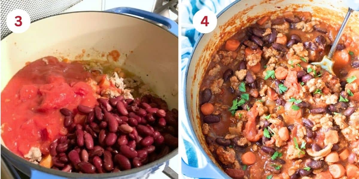 Photos of all of the pork chili ingredients in the Dutch oven and of the cooked chili.