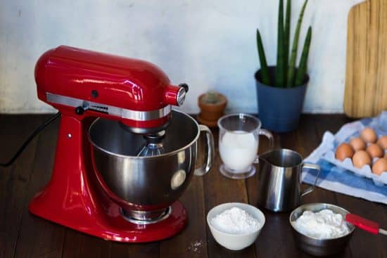 A photo of my red stand mixer.