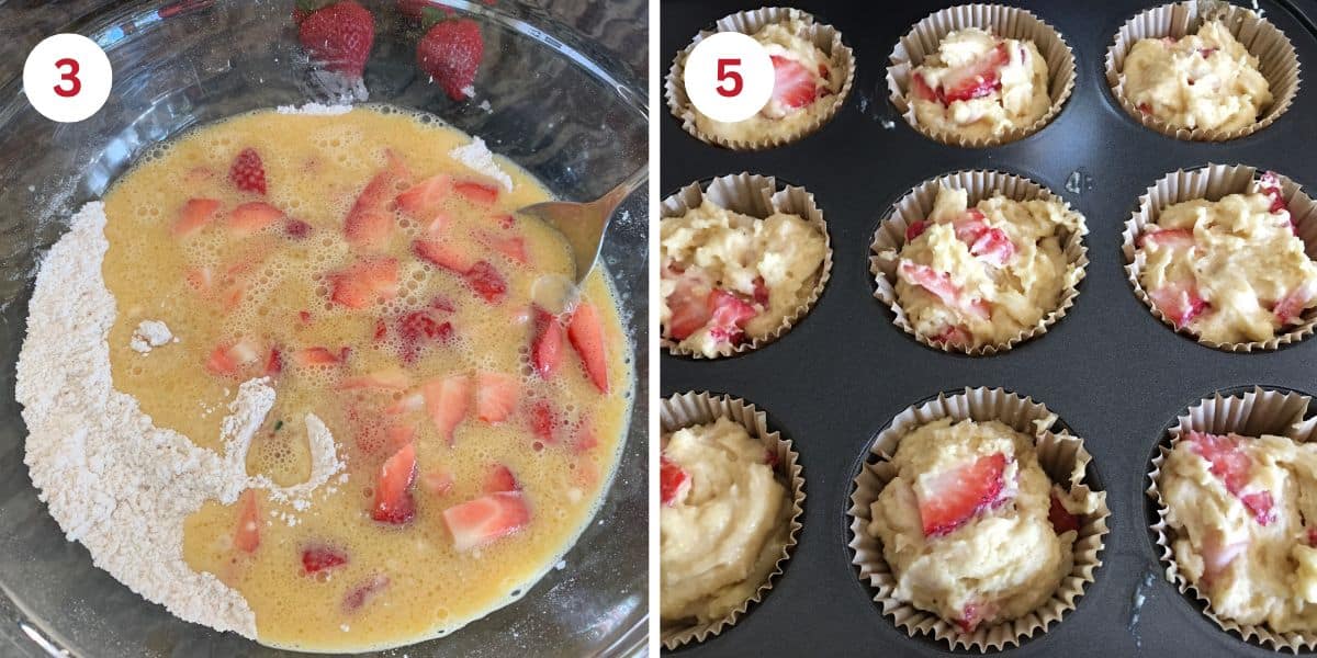 Photos mixing the muffin batter and the muffin batter in a muffin pan.