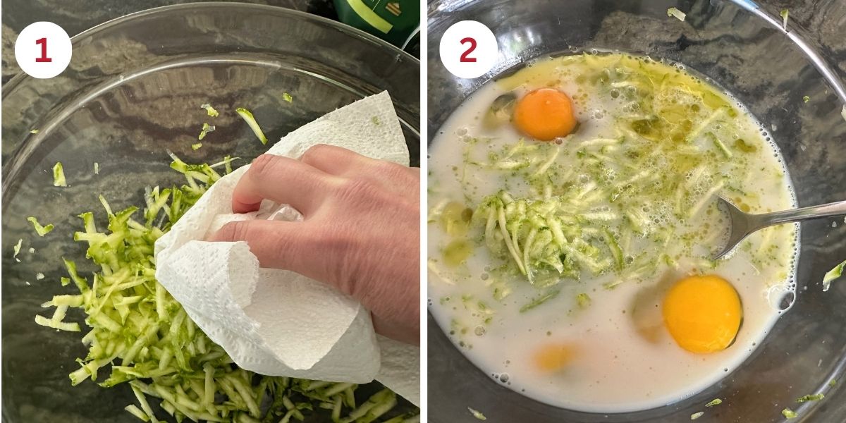 Photos showing drying the zucchini shreds and mixing the wet ingredients.