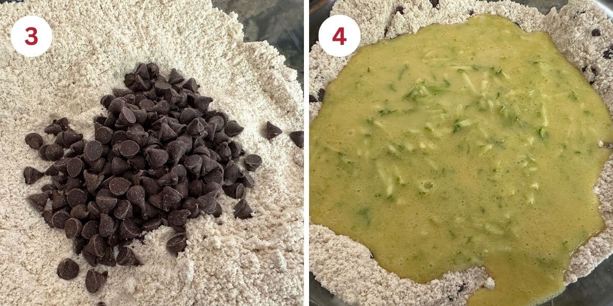 Photos showing the dry ingredients in a mixing bowl and adding the wet ingredients.
