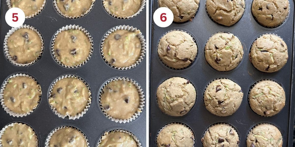 The muffins in the pan before and after baking.