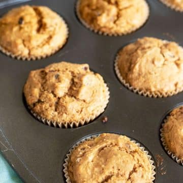 A rack full of baked gluten free banana muffins.