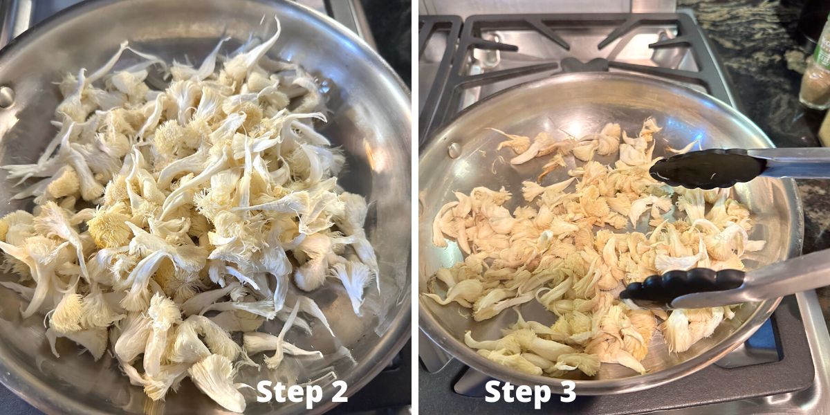 Photos of steps 2 and 3 making lion's mane crab cakes.