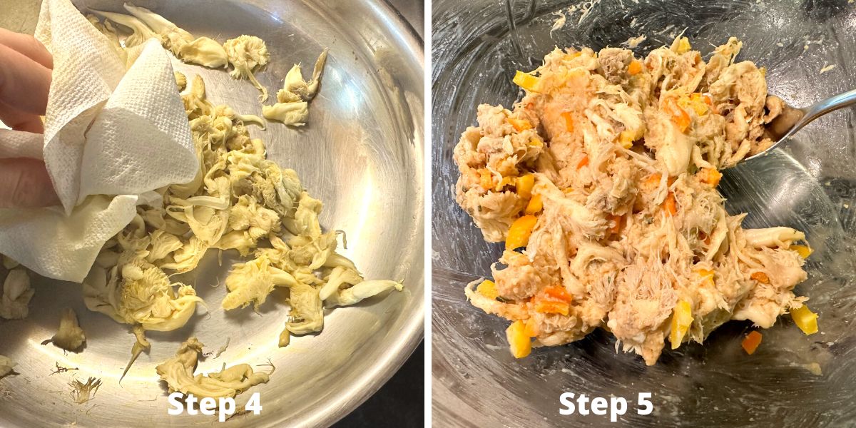 Photos of steps 4 and 5 making lion's mane crab cakes.