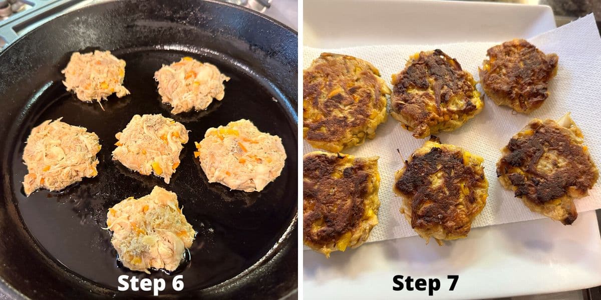 Photos of steps 6 and 7 cooking the lion's mane crab cakes.