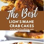 A Pinterest pin image of the lion's mane crab cakes.