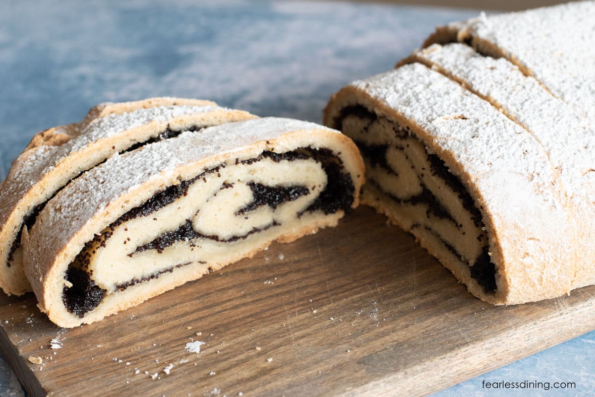 The inside of a poppy seed roll.