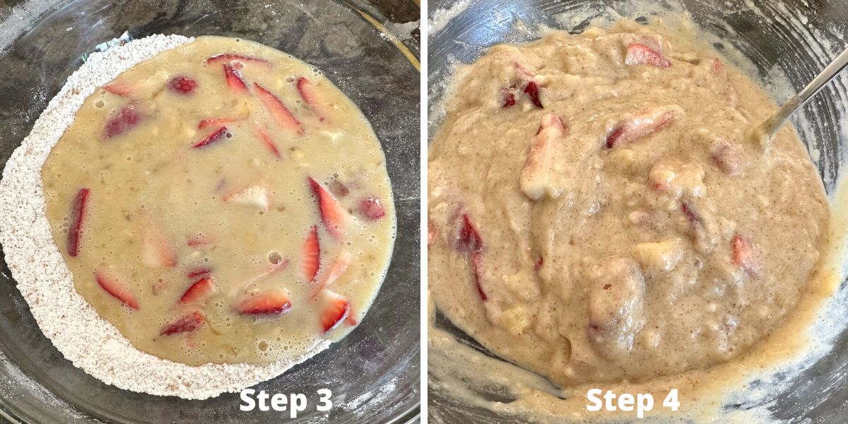 Photos of the strawberry banana bread steps 3 and 4.