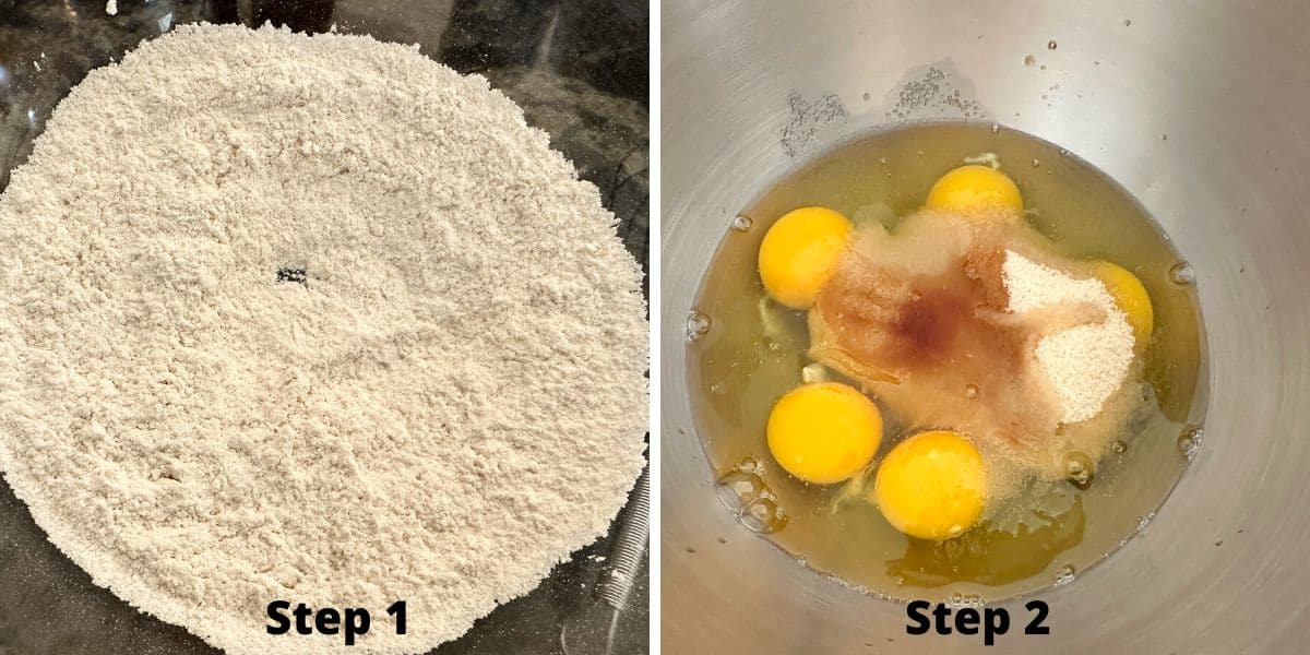 Photos of steps 1 and 2 making a gluten free tres leches cake.