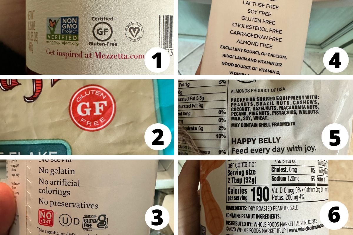 Photos of food labels some with gluten free labels and others with shared equipment warnings.